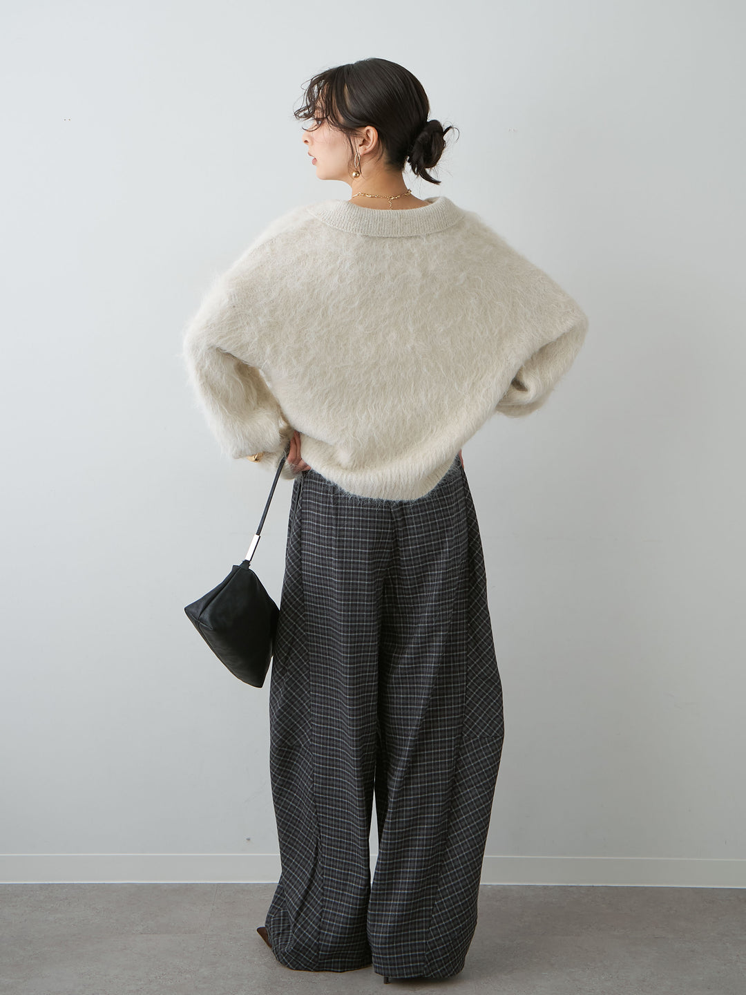 [SET]ヘンリーシャギーニットトップス+チェックタックワイドパンツ(2set)