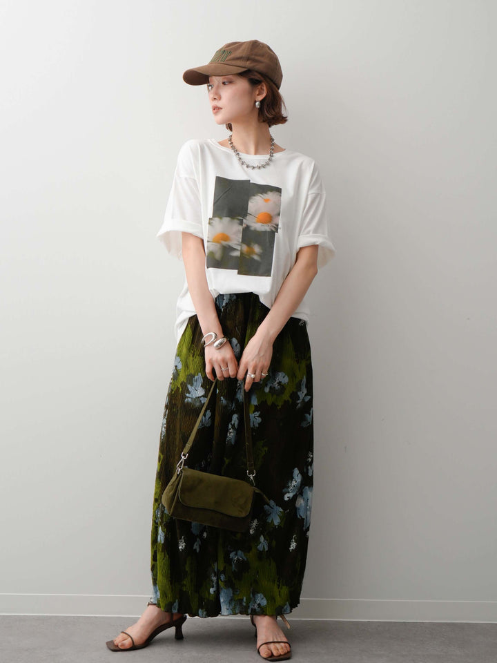 【着回しセット】フラワーフォトTEE+フラワープリントドレープタックパンツ+フラワープリントIラインギャザースカート(3set)