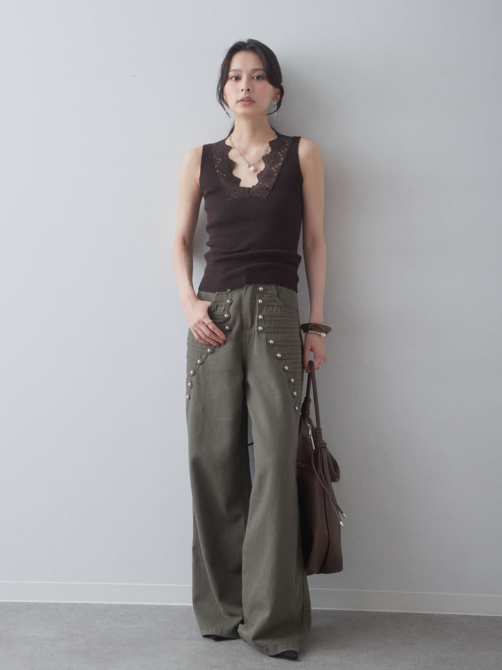 [予約]レースディテールリブニットタンクトップ/brown