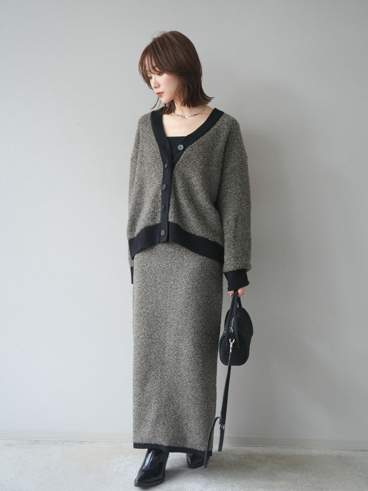 [SET]ブークレバイカラーニットカーディガン+ブークレバイカラータイトニットスカート(2set)