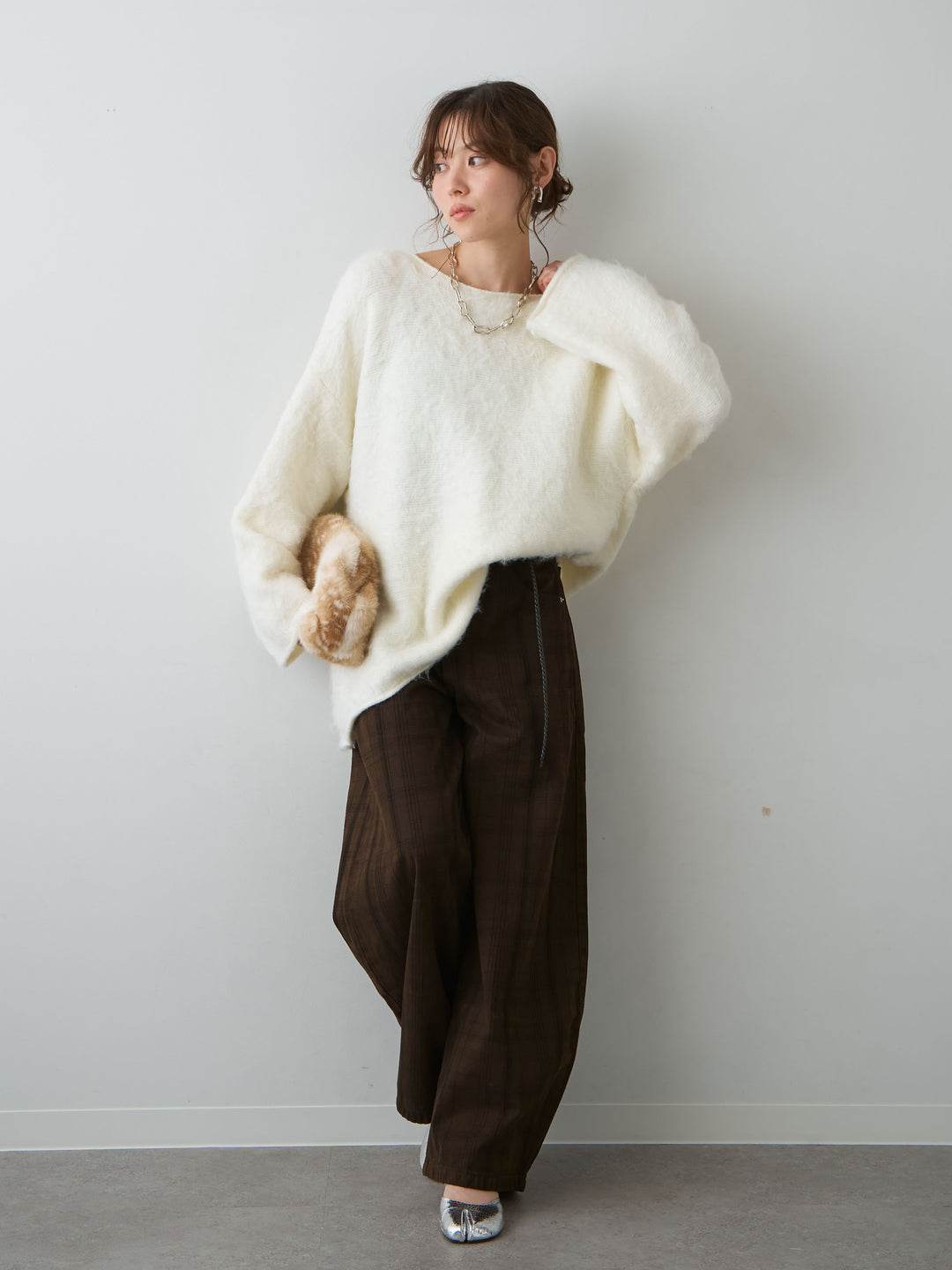 【套裝】船領毛絨寬鬆針織衫 + 船領毛絨寬鬆針織衫（2 件套）