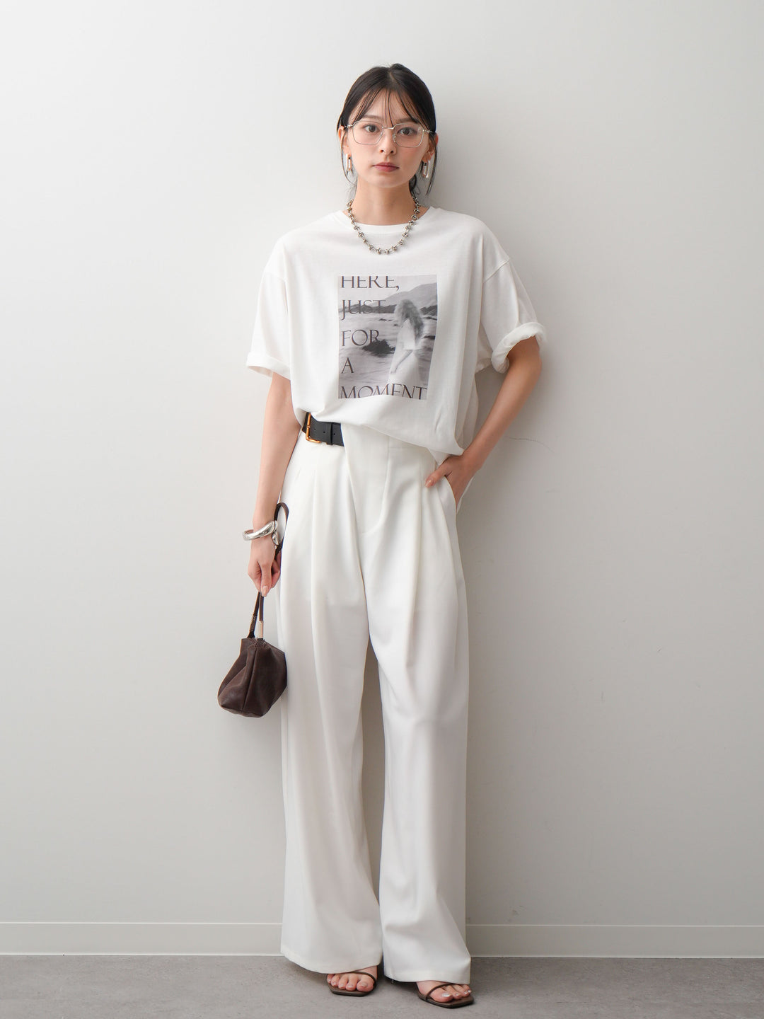 [SET]フォトプリントロゴTEE+アシンメトリーベルトタックワイドパンツ(2set)