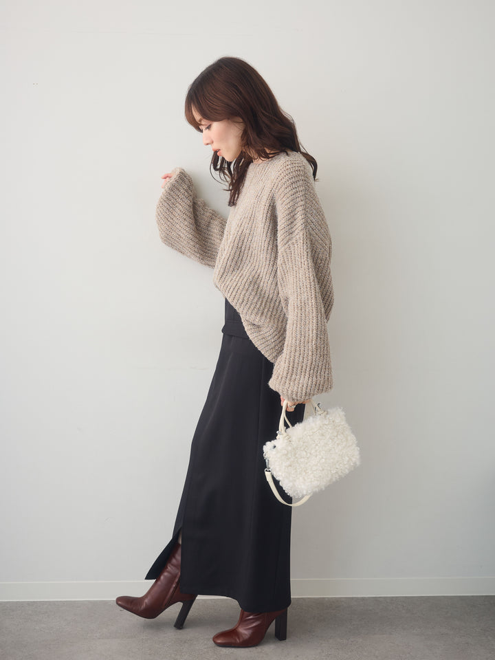 [SET]バルーンスリーブスパンリブニットトップス+クレープデシンフラップ付きストレートスカート(2set)