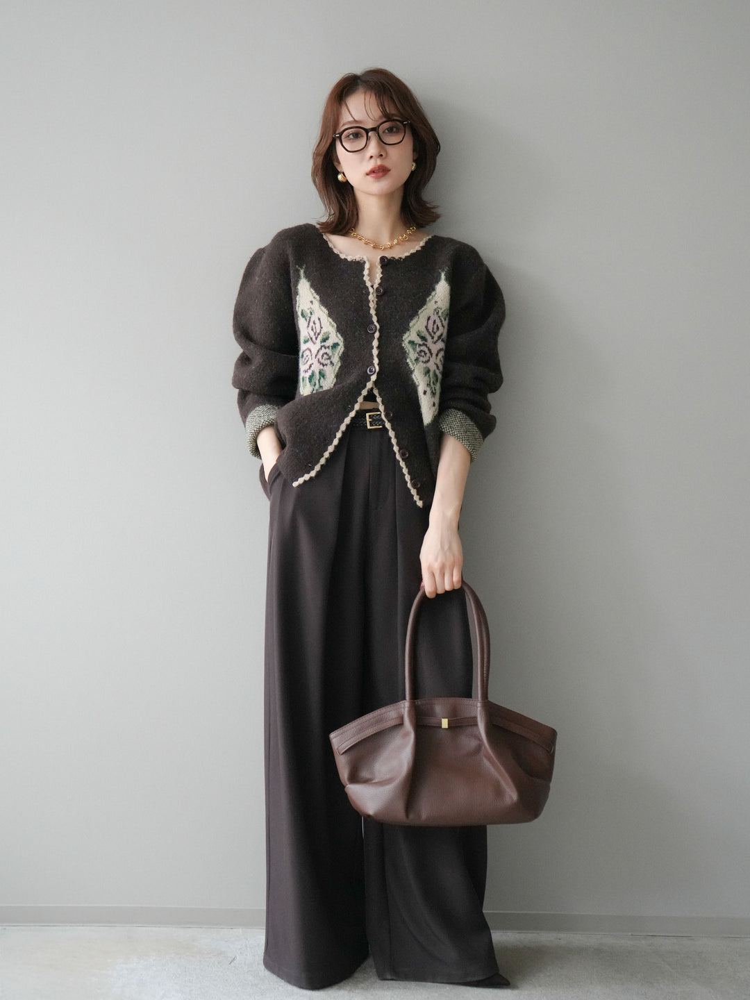 [予約]アンティークフラワージャガードニットカーディガン/brown