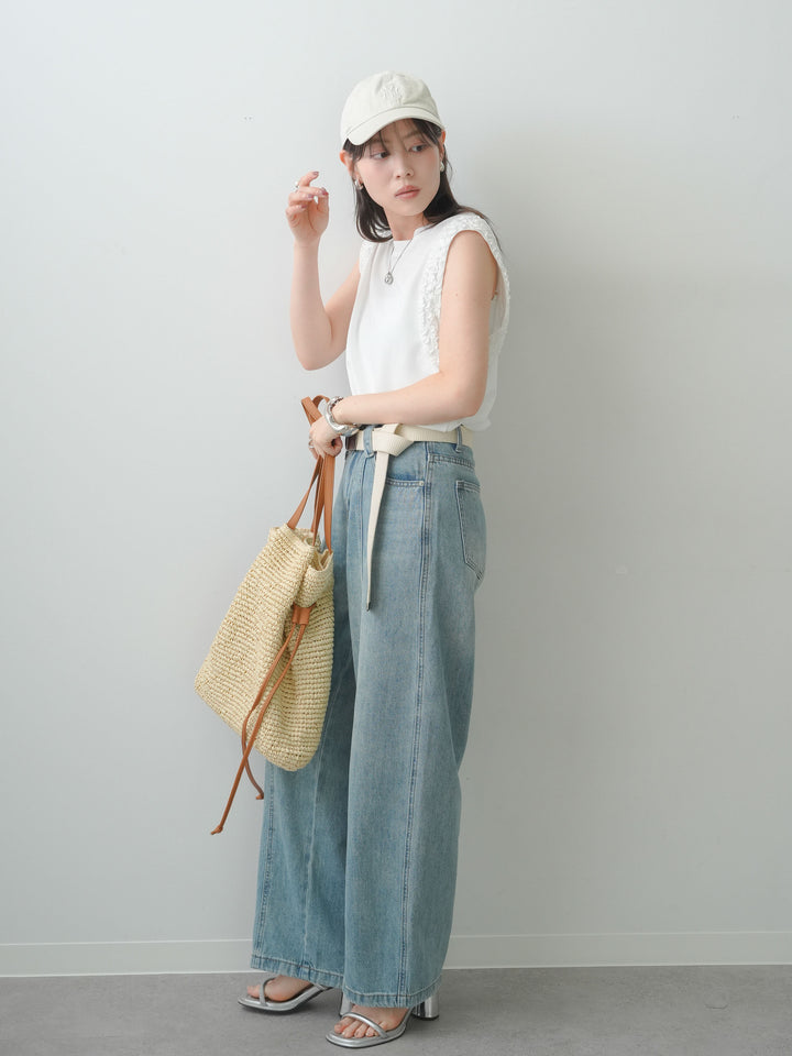 [SET]ホイップフリルフレンチTEE+センターラインワイドストレートデニム(2set)