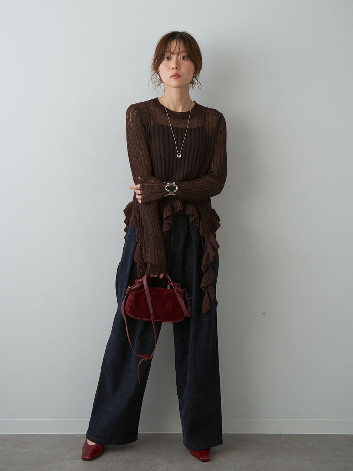 [SET]ヘムフリル透かし編みニットトップス+ベロアデニムタックワイドパンツ(2set)