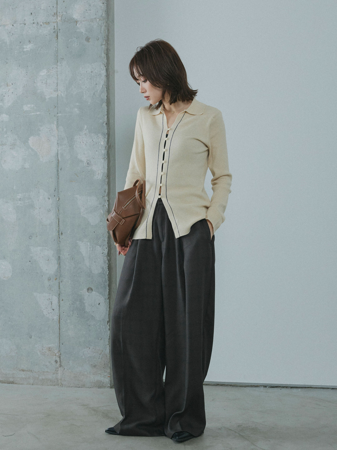 【Allure】[SET]リブ配色ラインポロニットカーディガン+杢チェックタックパンツ(2set)