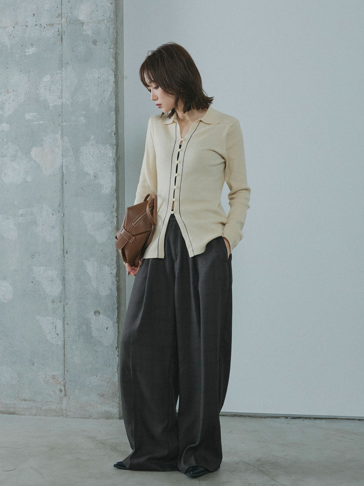 【Allure】[SET]リブ配色ラインポロニットカーディガン+杢チェックタックパンツ(2set)
