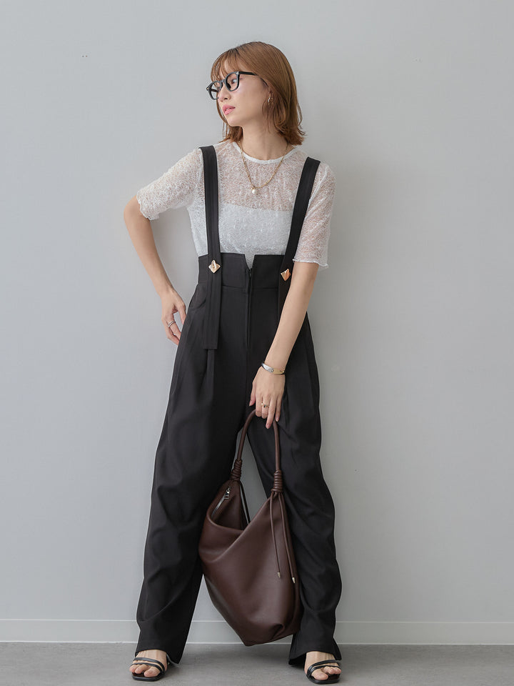 [SET]フラワーモチーフレーストップス+ゴールドボタンサスペンダーワイドパンツ(2set)