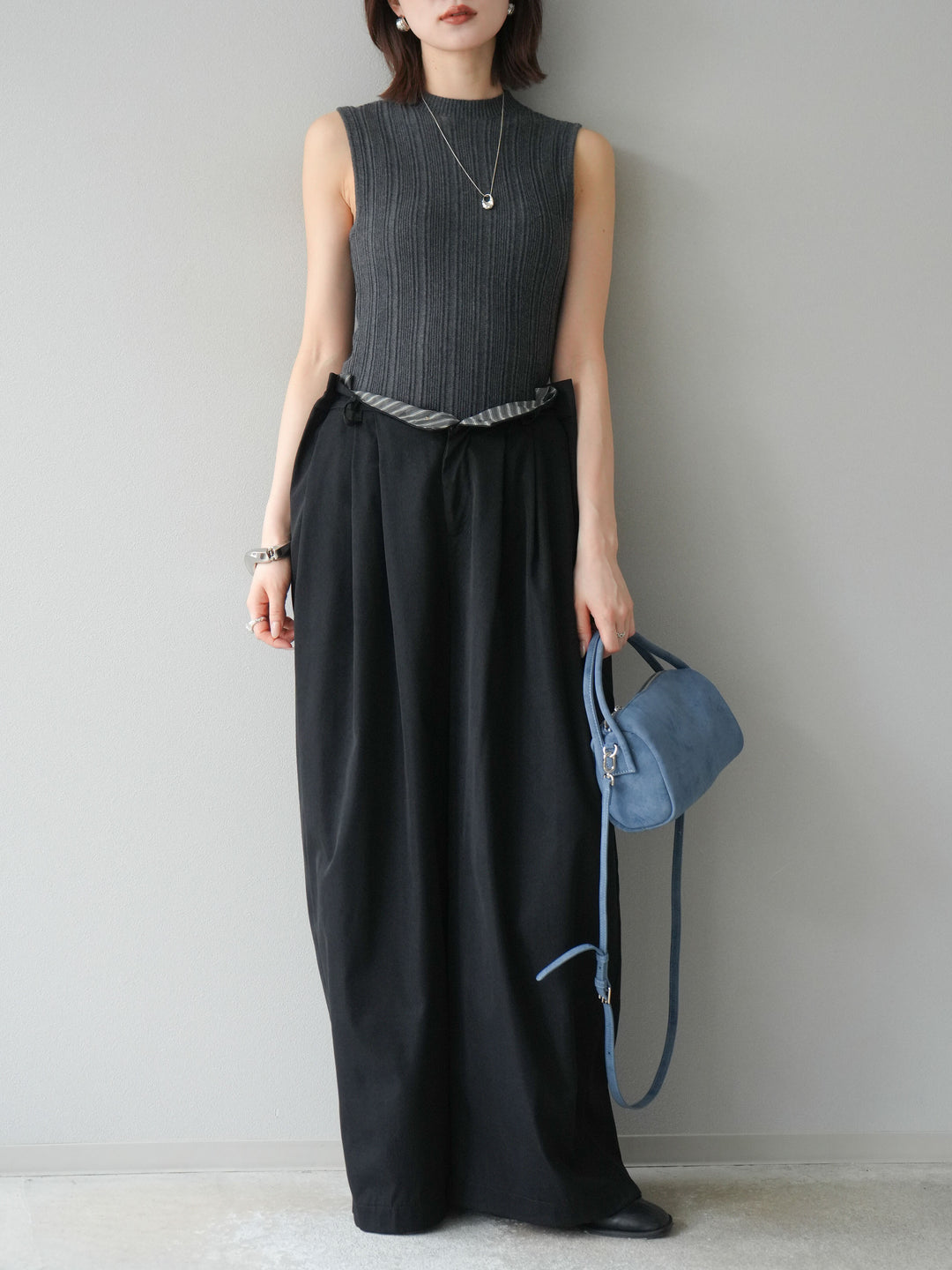 [予約]スリーブレスランダムリブニットトップス/グレー