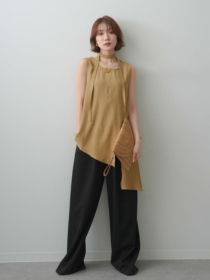[SET]タイ付アシメヘムノースリトップス+リラックスドレープスウェットパンツ(2set)