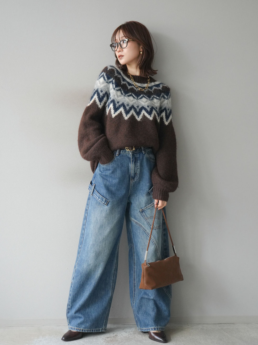 [SET]求心柄オーバーニットプルオーバー+ペインターカーブデニムパンツ(2set)