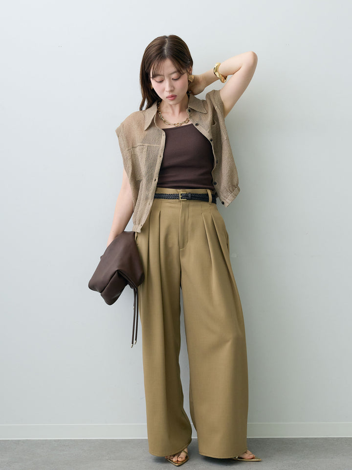 [SET]ラッセルメッシュフレンチシャツ+クレープデシンタックワイドパンツ(2set)