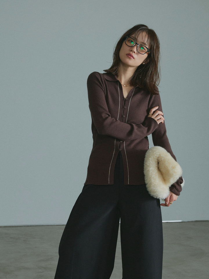 【Allure】[SET]リブ配色ラインポロニットカーディガン+サイドタックワイドパンツ(2set)