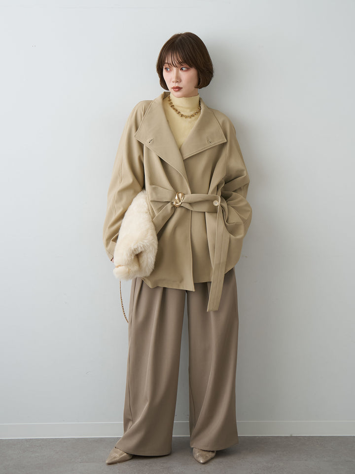 [SET]メタルモチーフレザータッチアシメジャケット+ツイルタックワイドパンツ(2set)