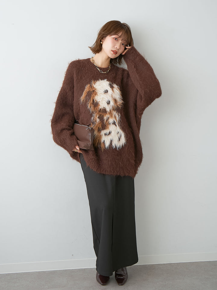 [SET]シャギードッグモチーフニットトップス+クレープデシンフラップ付きストレートスカート(2set)