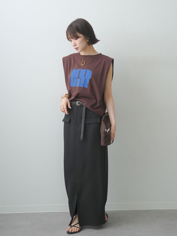 [SET]フロントジップフリルカラーデニムトップス+ショルダータックノースリーブオーバーTEE+ベルトループカーブタックワイドパンツ(3set)