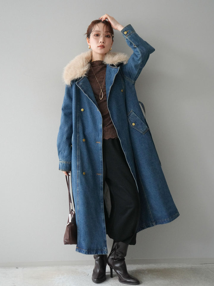 [予約]ファー襟デニムロングコート/blue