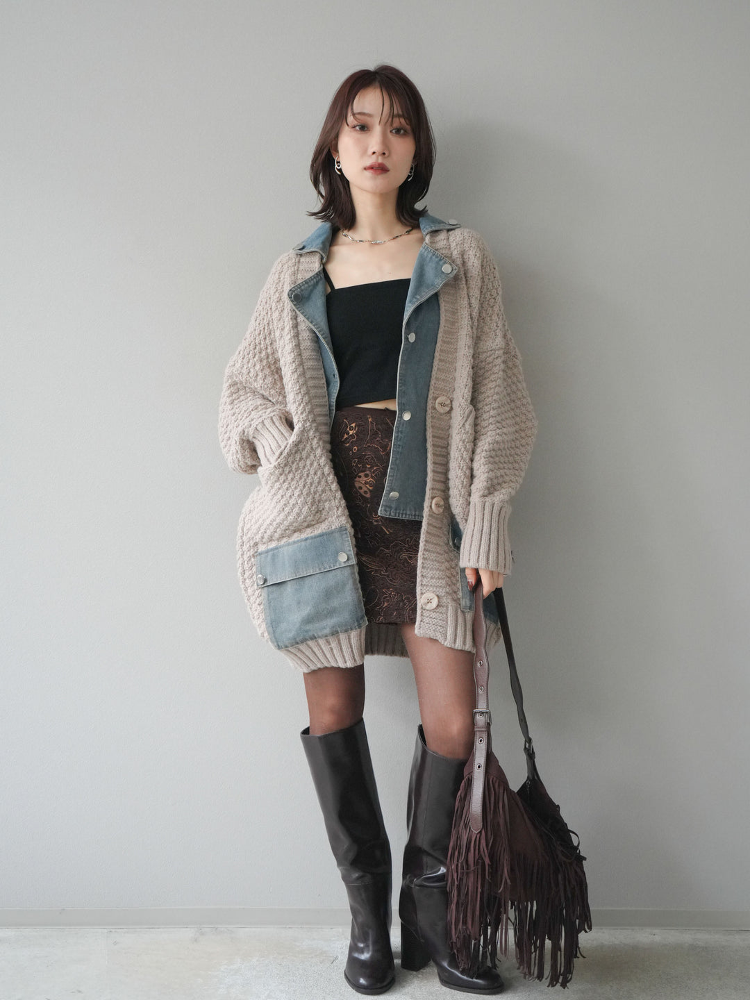 [予約]デニム襟レイヤードニットジャケット/greige