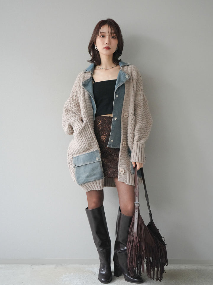 [予約]デニム襟レイヤードニットジャケット/greige