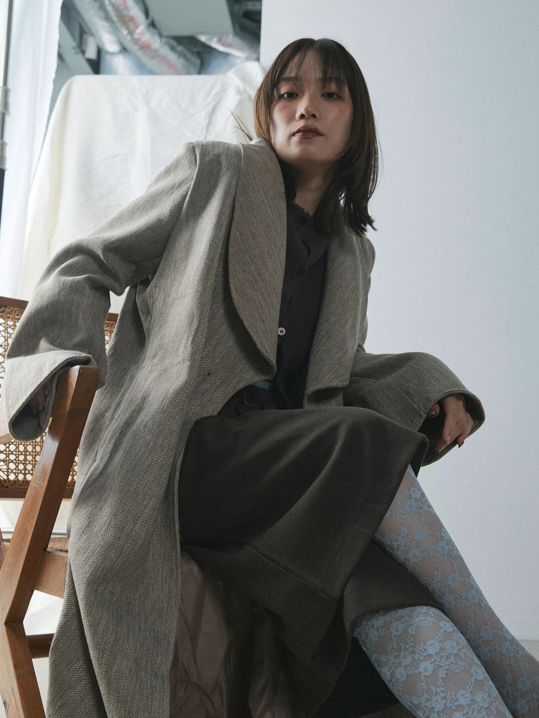 【Allure】[SET]ツイードタッチロングコート+デザインショートニットカーディガン+ベルト付ウールタッチミディアムパンツ(3set)