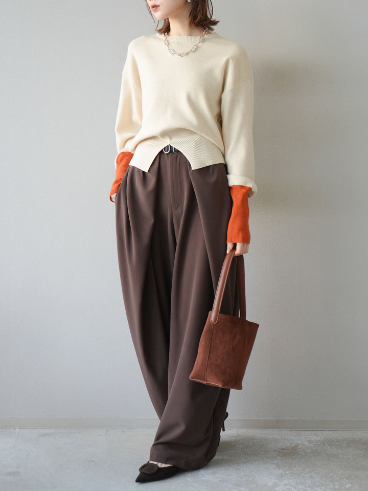 [予約]ベルト付タックワイドパンツ/ブラウン