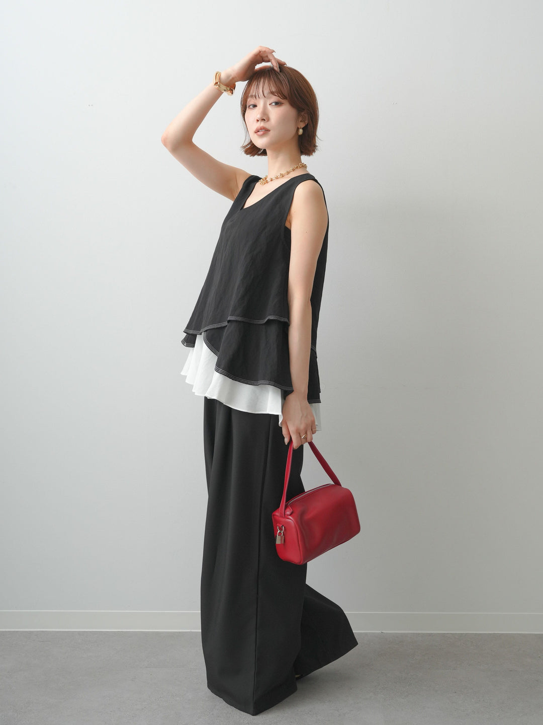 [SET]アシメフリルドッキングステッチノースリブラウス+ダブルバックルベルト付ワイドパンツ(2set)