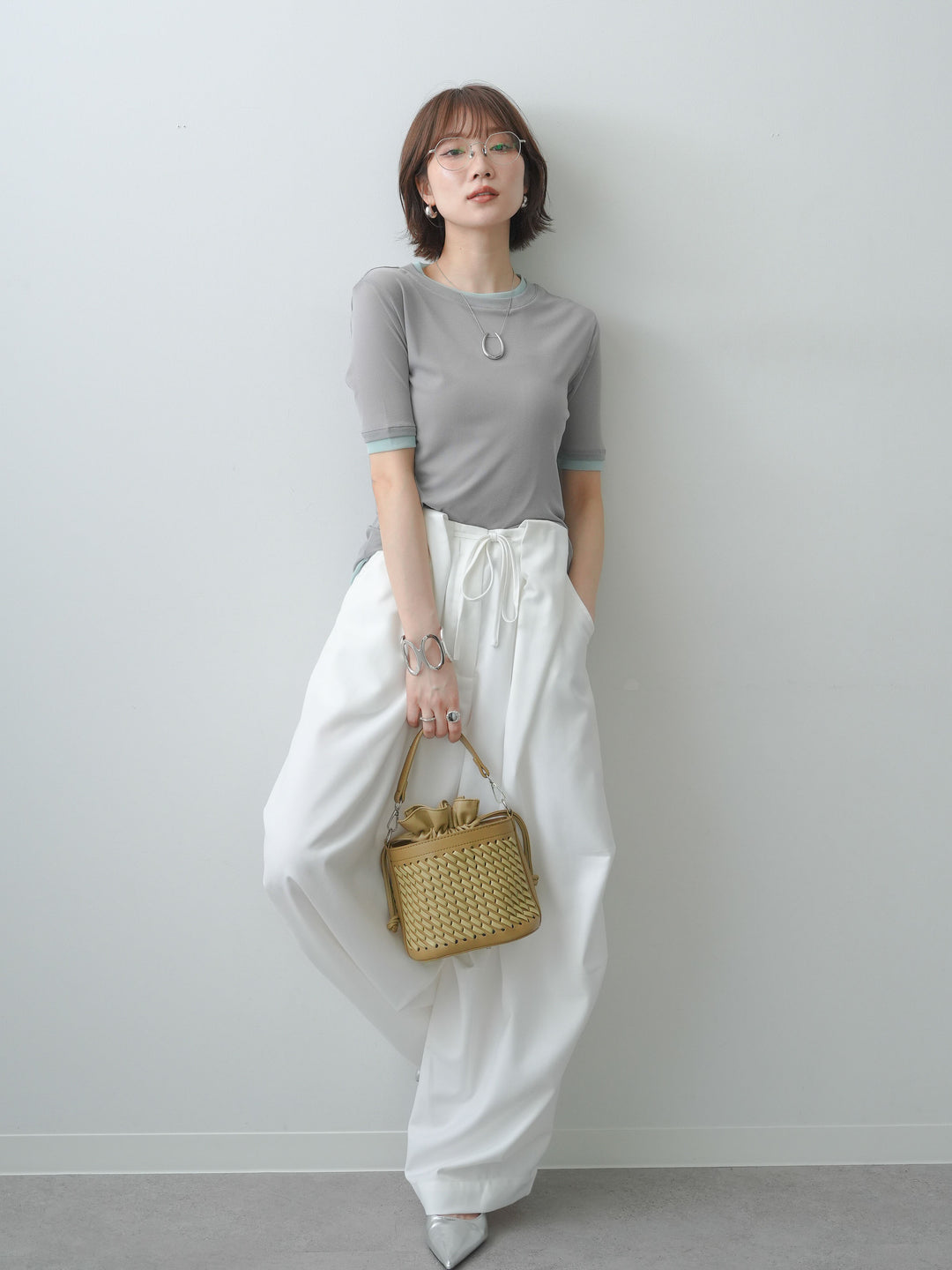 [予約]トリムレイヤードシアー半袖トップス/gray