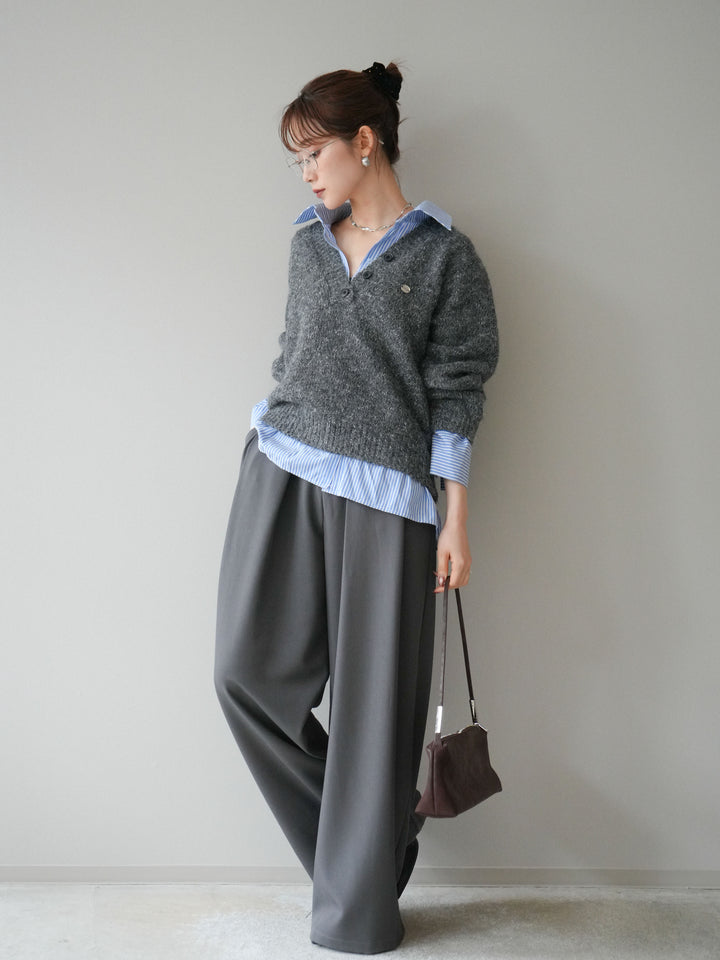 [SET]ストライプシャツドッキングMIXヤーンニットプルオーバー+ベルトループデザインワイドパンツ(2set)