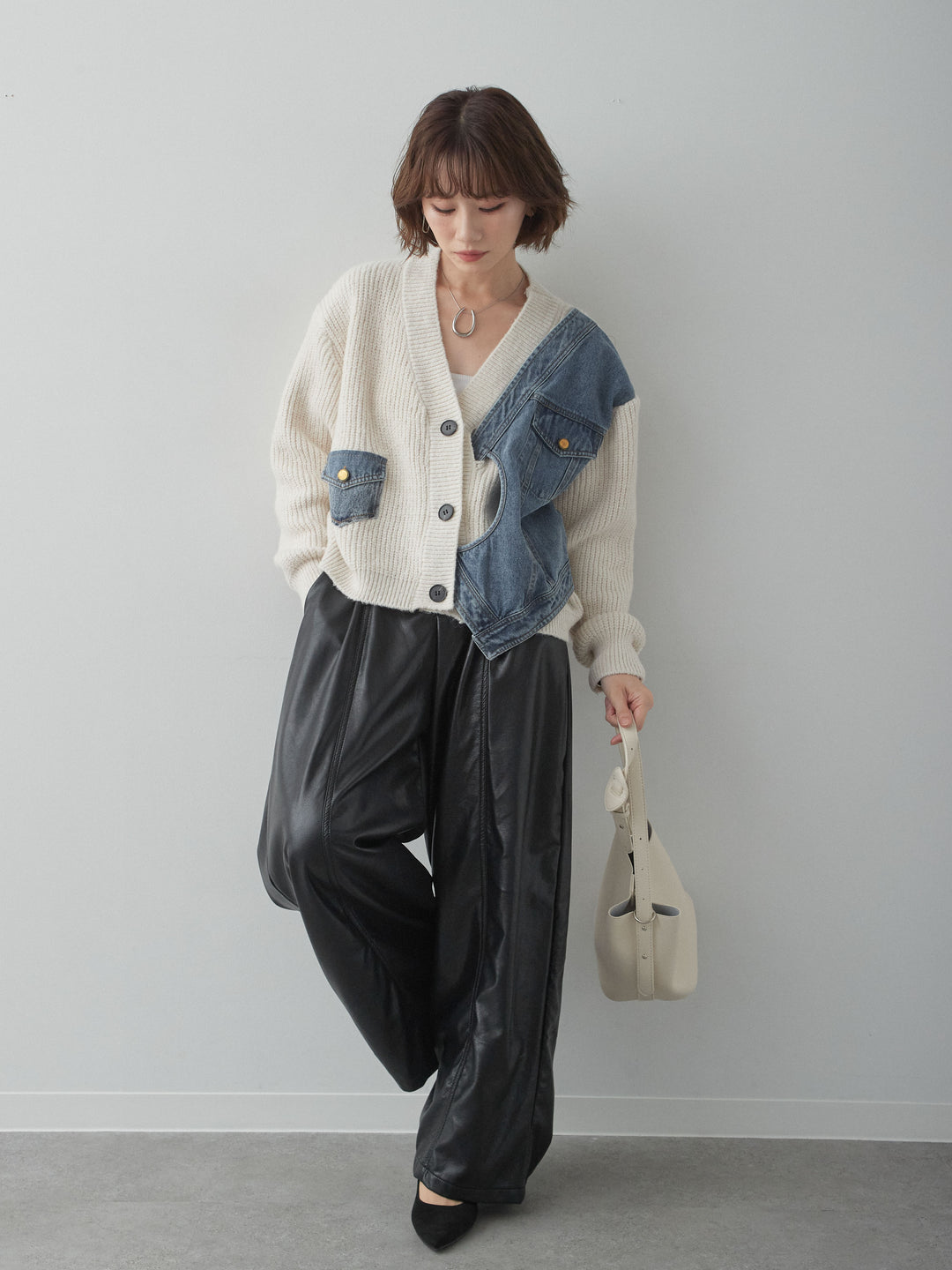 [SET]デニムコンビデザインニットカーディガン+フェイクレザーワイドパンツ(2set)