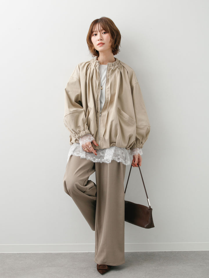 [SET]ギャザーネックオーバーブルゾン+レーストリムロングTシャツ+ツイルタックワイドパンツ(3set)