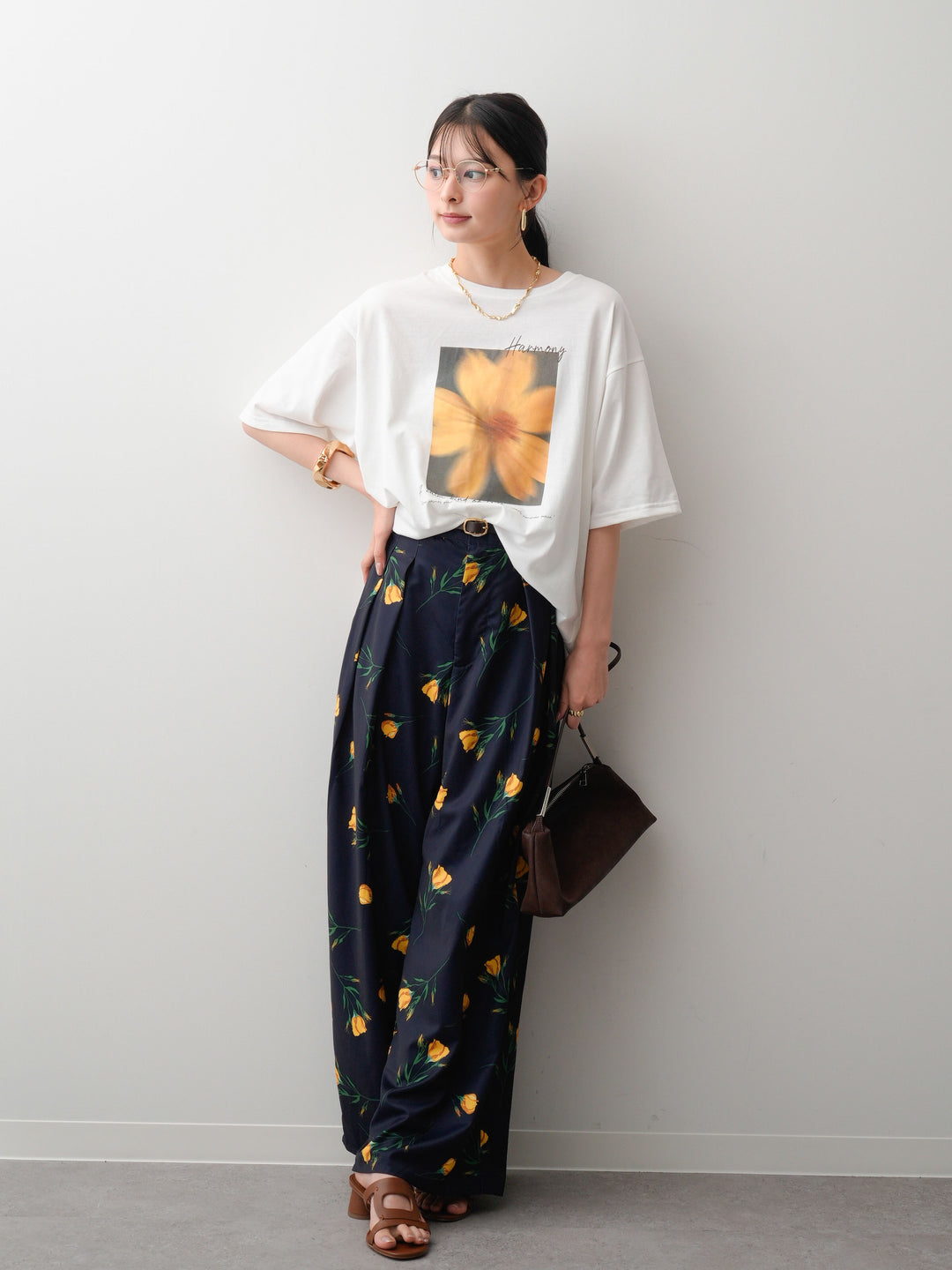 [SET]フラワーフォトTEE+フラワープリントドレープタックパンツ(2set)