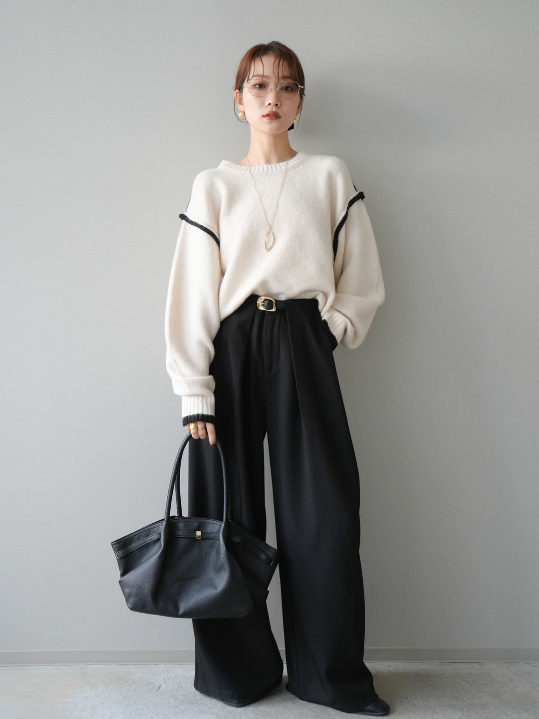 [予約]バイカラーパイピングニットプルオーバー/ivory