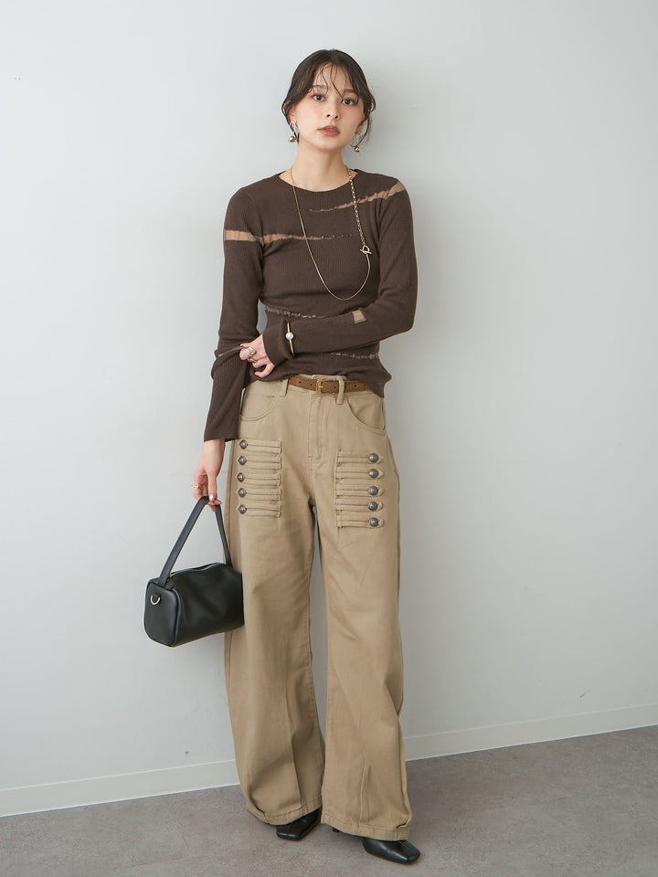 [SET]クラッシュデザインニットトップス+ナポレオンコットンカーブパンツ(2set)