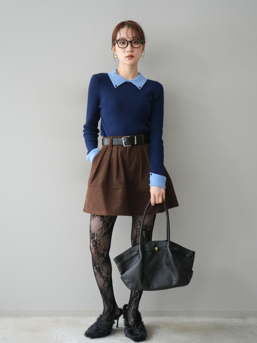 [予約]ベルト付インパンコーデュロイタックフレアスカート/brown