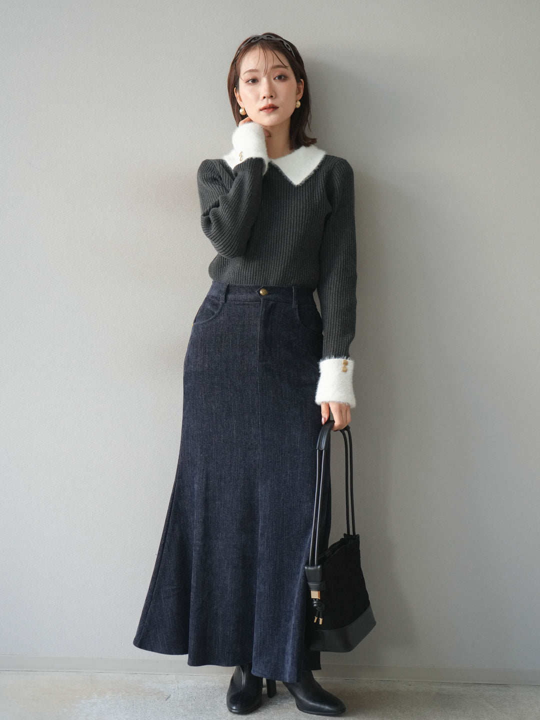 [SET]シャギー襟リブニットトップス+ベルベットマーメイドスカート(2set)