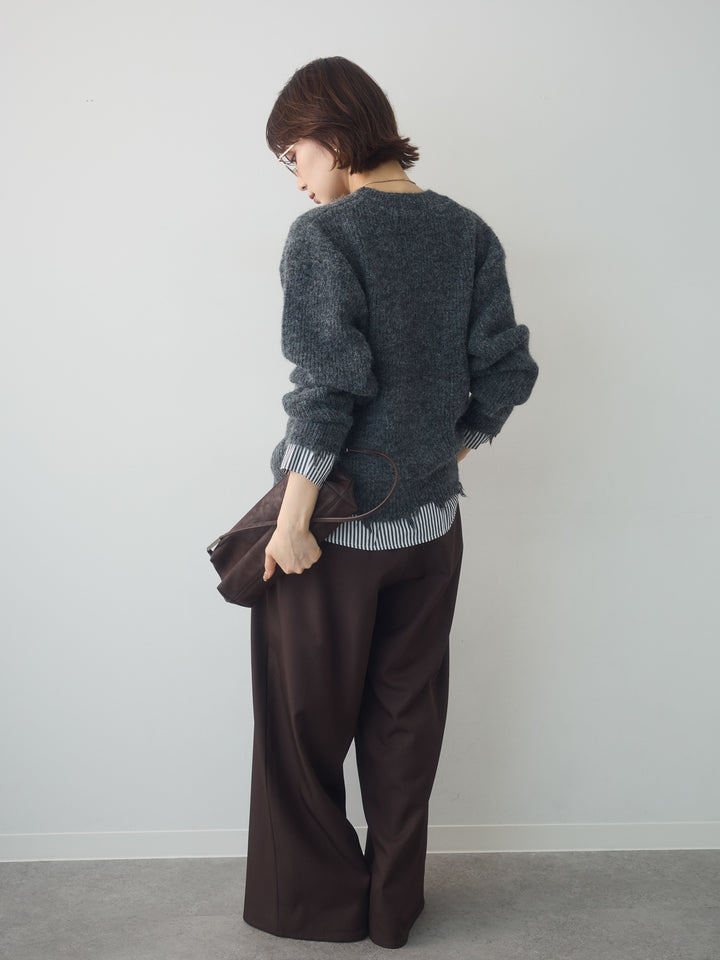 [SET]シャツレイヤードデザインモヘアプルオーバー+ツイルタックワイドパンツ(2set)