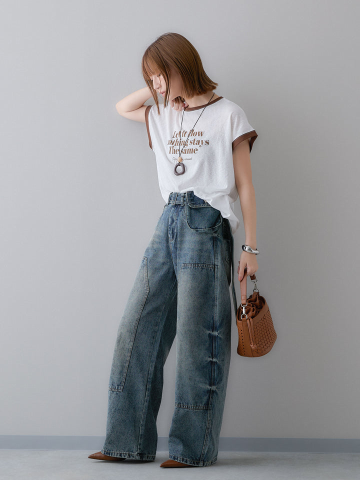 [SET]シアースラブバイカラーフレンチTEE+マルチポーチ付立体カーブデニム(2set)