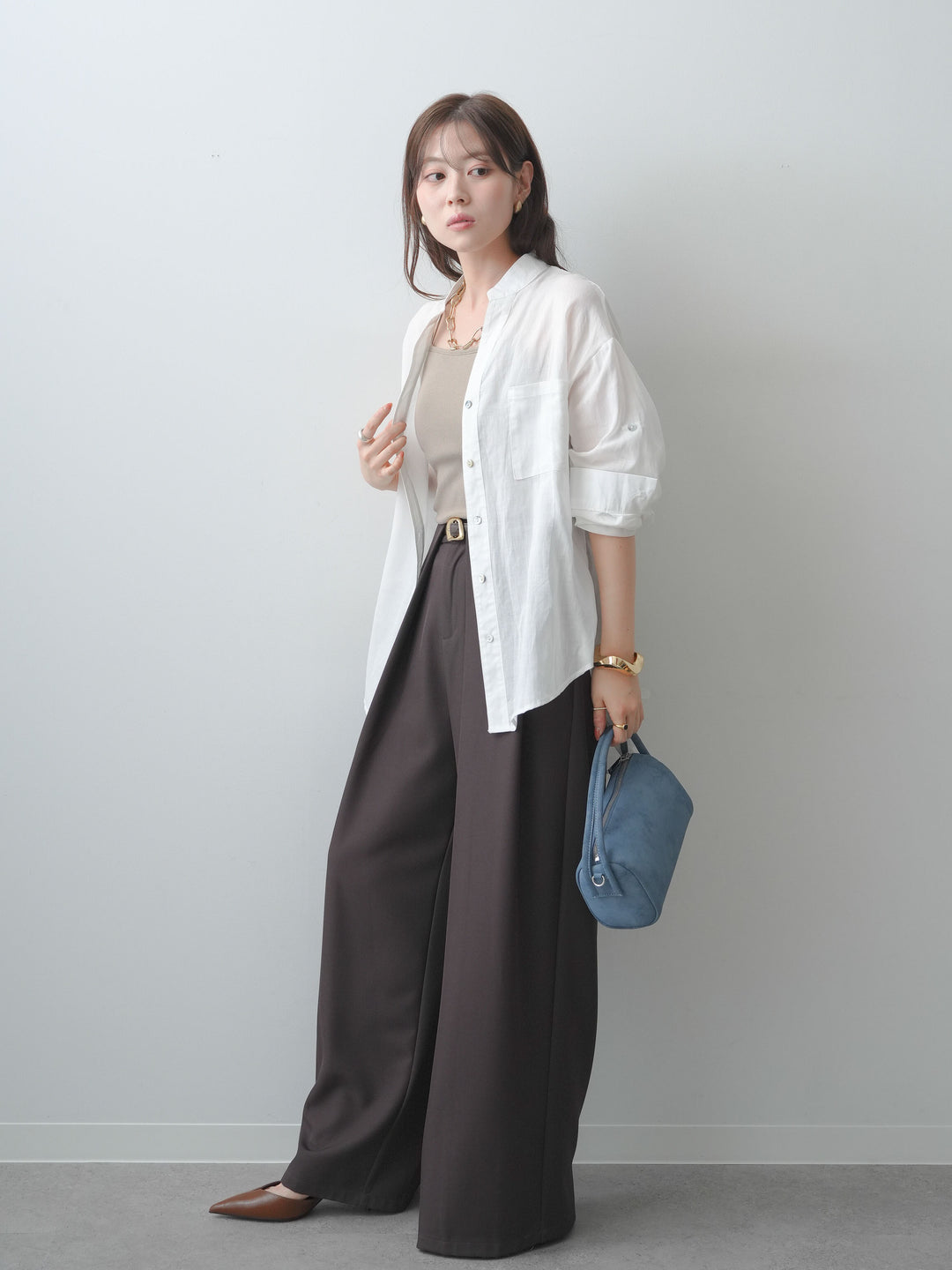 [SET]バックレースノーカラーシャツ+ベルトループデザインワイドパンツ(2set)