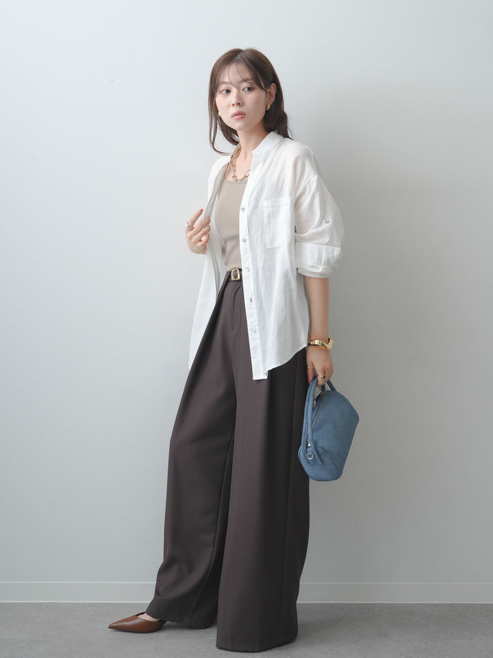 [SET]バックレースノーカラーシャツ+ベルトループデザインワイドパンツ(2set)