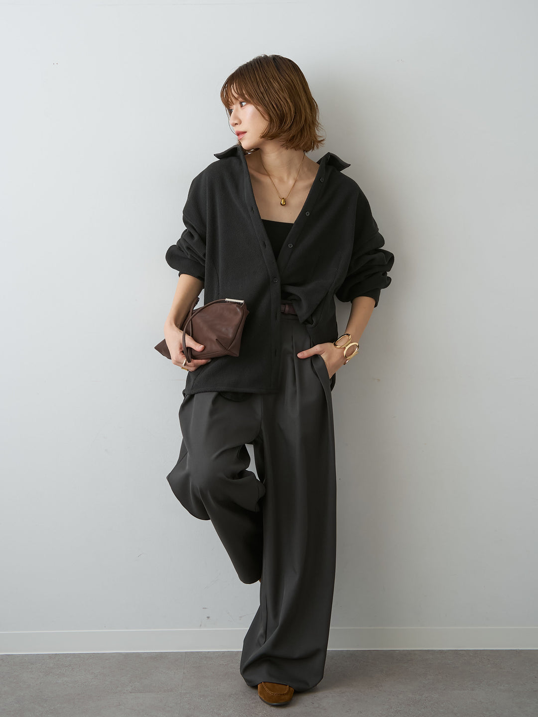 [SET]フリースパイピングシャツ+ツイルタックワイドパンツ(2set)