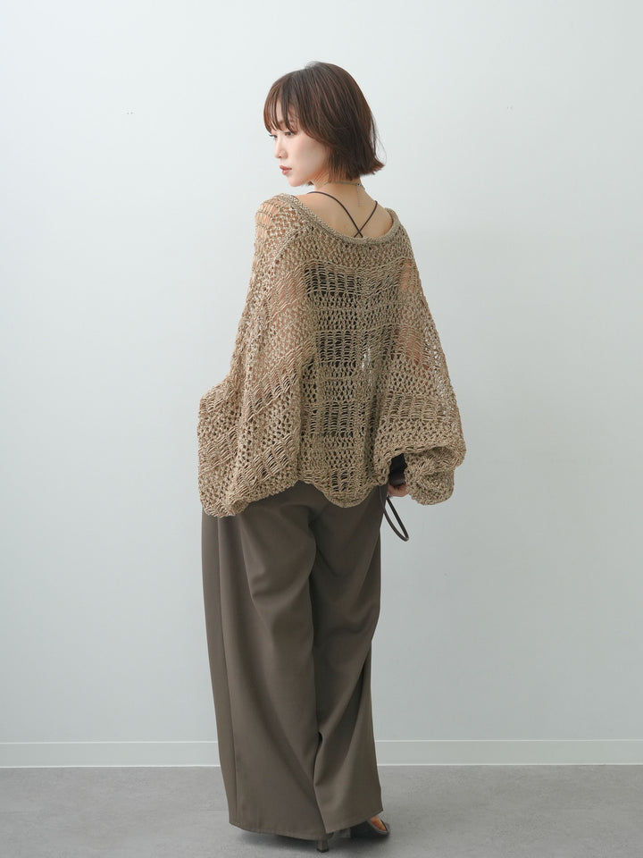 [SET]ミックスメッシュニットボレロ+カップ付きバッククロスキャミソール+クレープデシンタックワイドパンツ(3set)