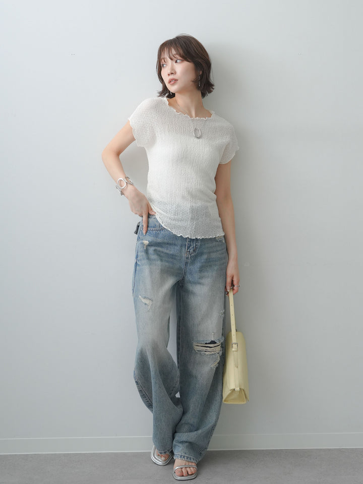 [SET]シャーリングシアーバックオープンフレンチトップス+ダメージデニムセミワイドパンツ(2set)