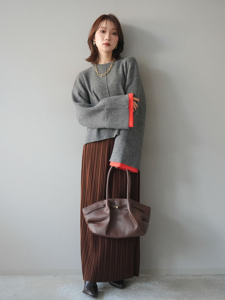 [予約]袖レイヤード配色ニットプルオーバー/charcoal