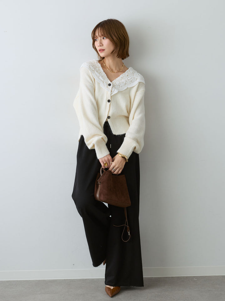 [SET]モヘアレースショールカラーカーディガン+カットオフスウェットワイドパンツ(2set)