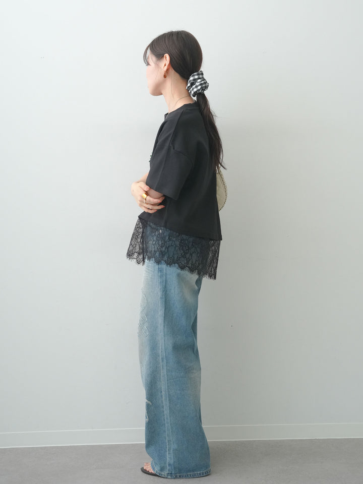 [SET]アシメレースヘムワイドTEE+グラフィックスクラッチワイドデニム(2set)