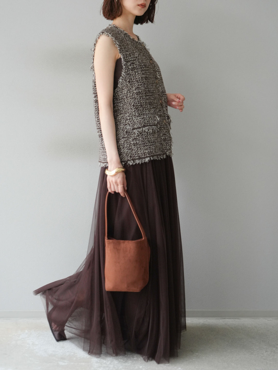[予約]ミックスツイードフリンジニットベスト/ブラウン