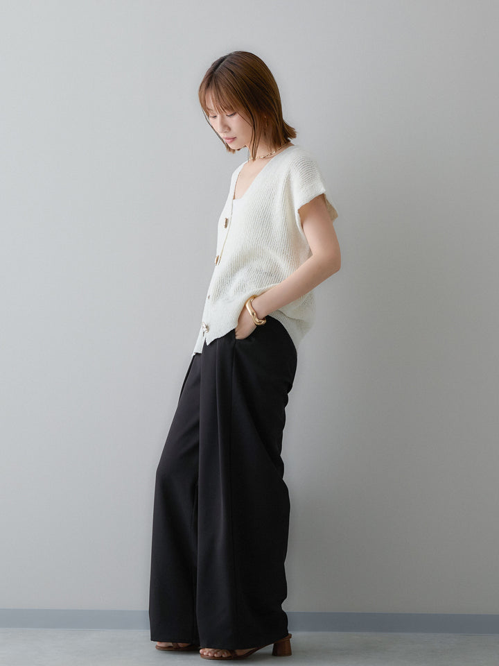 [SET]ゴールドボタンリブニットベスト+クレープデシンタックワイドパンツ(2set)