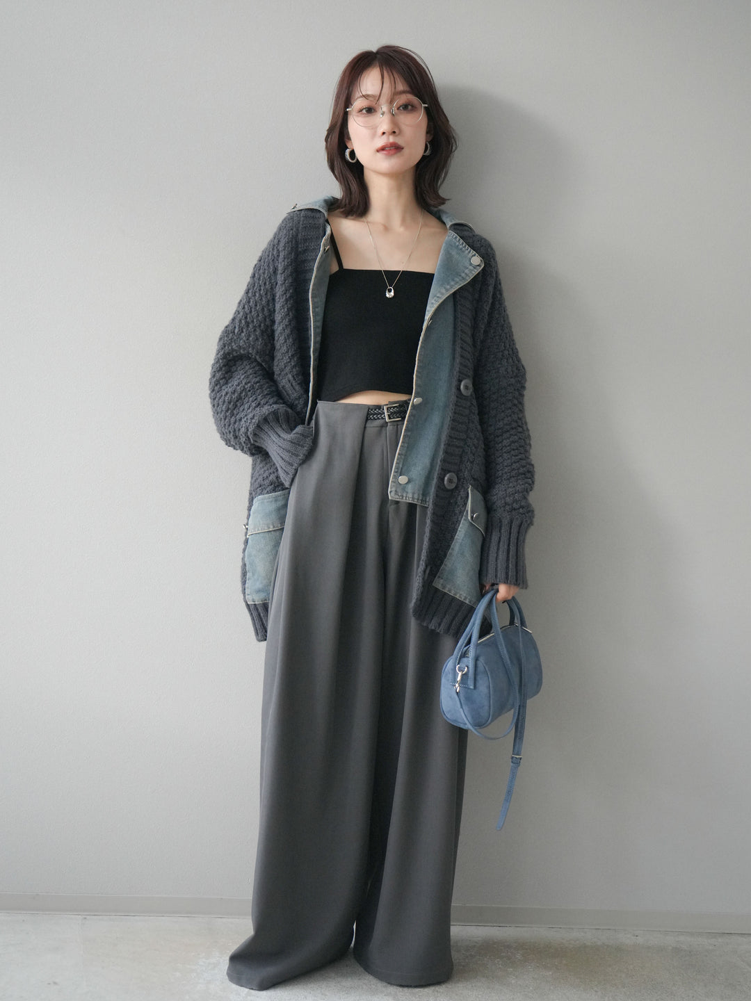 [SET]デニム襟レイヤードニットジャケット+ベルトループデザインワイドパンツ(2set)