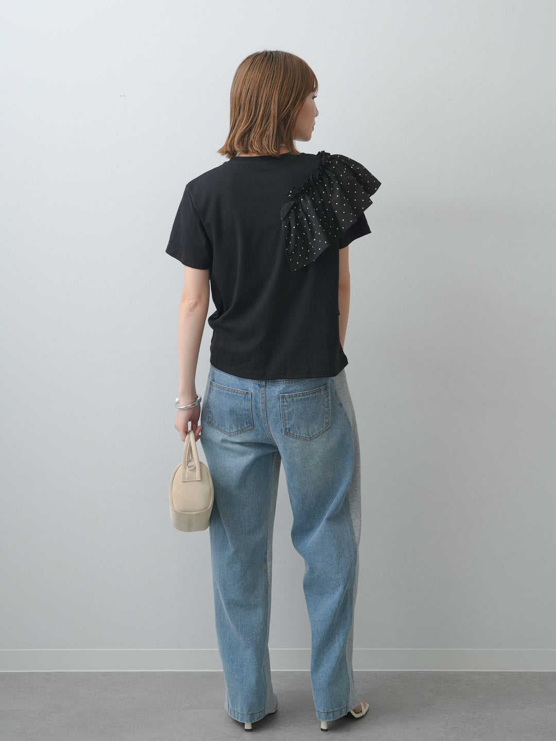[SET]ドットギャザーフリルデザインTEE+デニム切替スウェットパンツ(2set)